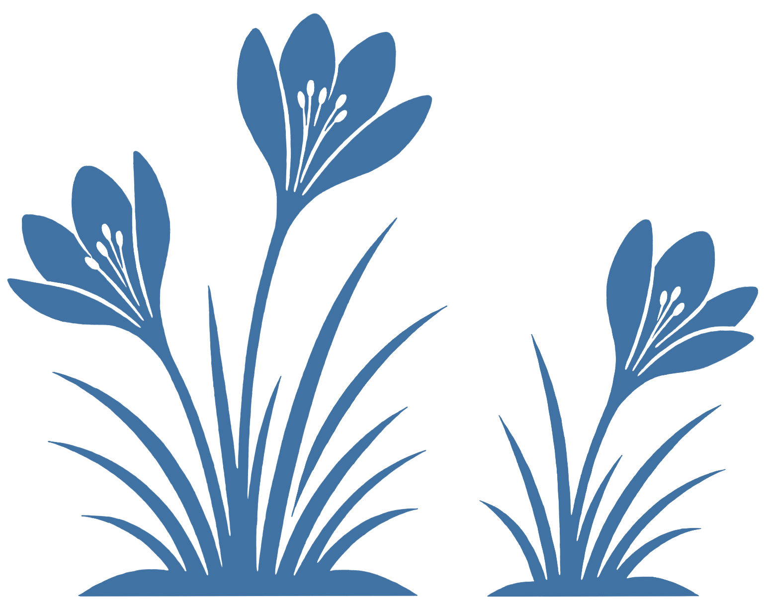 Blue stylized floral pattern with three flowers and grass-like leaves on a black background.