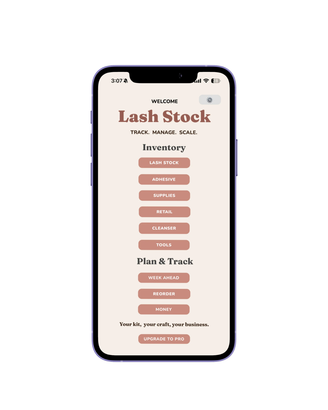 Mobile app interface for Lash Stock, a lash extension business management tool. The screen displays menu options for inventory, planning, and tracking, with sections for lash stock, adhesive, supplies, retail, cleanser, tools, week ahead, reorder, and money. The app has a clean design with a beige background and pink buttons.
