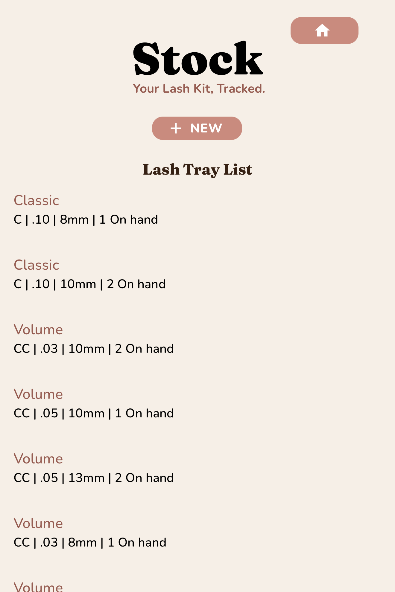 Screenshot of a website page titled 'Stock: Your Lash Kit, Tracked,' displaying a lash tray list with different items and measurements, including details about quantity and whether the items are on hand.
