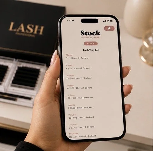Iphone logged in to LashStock. Stock page with tray inventory.