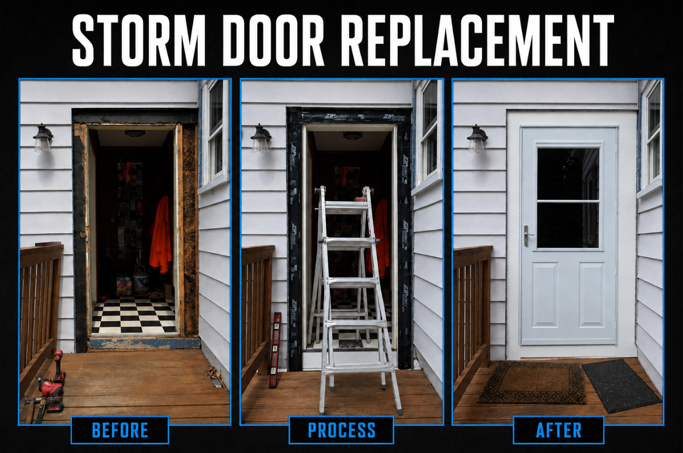 Transition of storm door replacement, showing three stages: before, process, and after. The first image is an unfinished doorway with exposed framing and a checkered floor inside; the second image is the doorway with a new storm door frame and a ladd