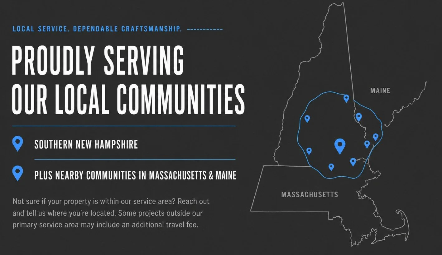 Map of southern New Hampshire with service areas outlined by blue lines and marked with blue location pins. Text highlights local service area in New Hampshire and nearby communities in Massachusetts and Maine, emphasizing dependable craftsmanship and local service.
