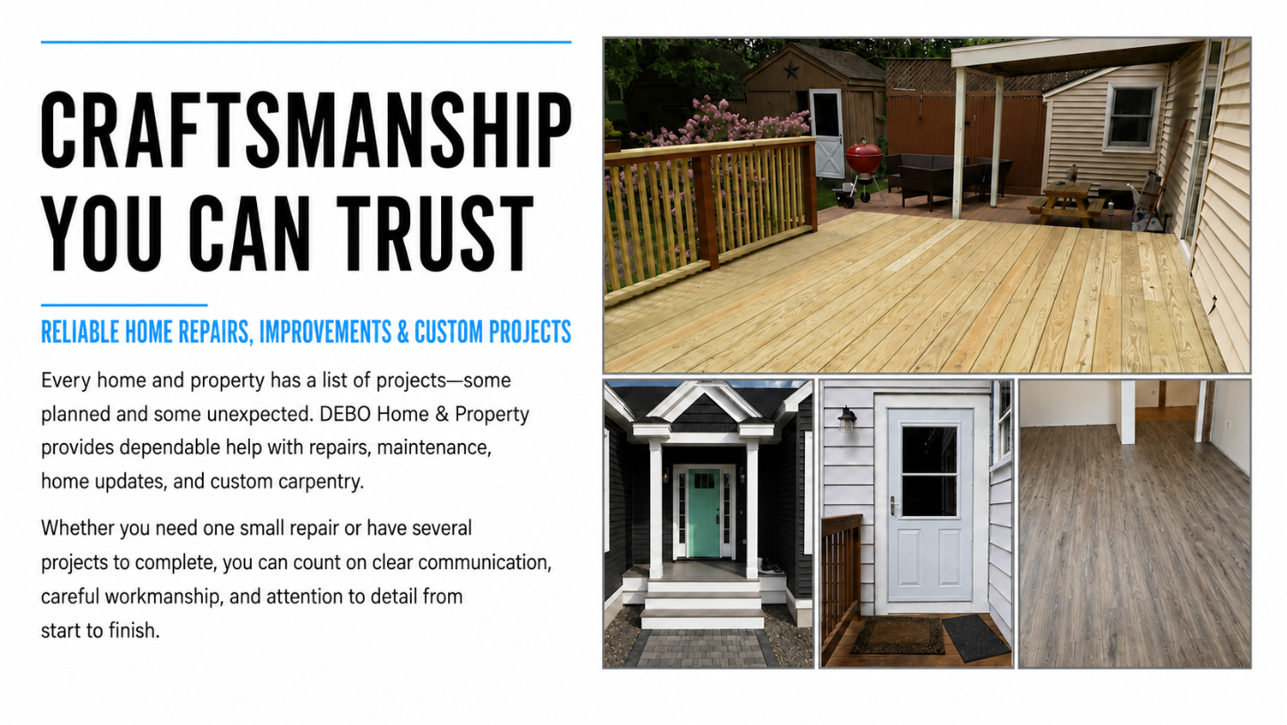 Flyer for DEBO Home & Property advertising reliable home repairs, improvements, and custom projects with photos of a backyard deck, house exterior, front door, and interior flooring.