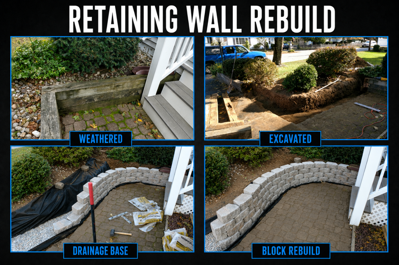 Progress of retaining wall rebuild showing weathered retaining wall, excavated area, drainage base being prepared, and block wall reconstruction.