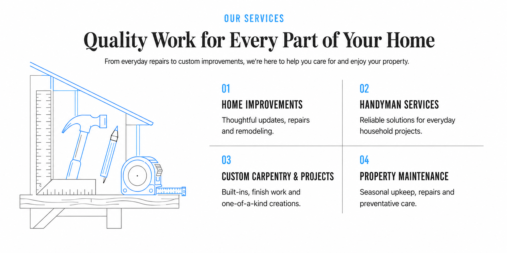 A business flyer titled 'Our Services' with sections for home improvements, handyman services, custom carpentry, and property maintenance. Includes a line drawing of tools on the left side.