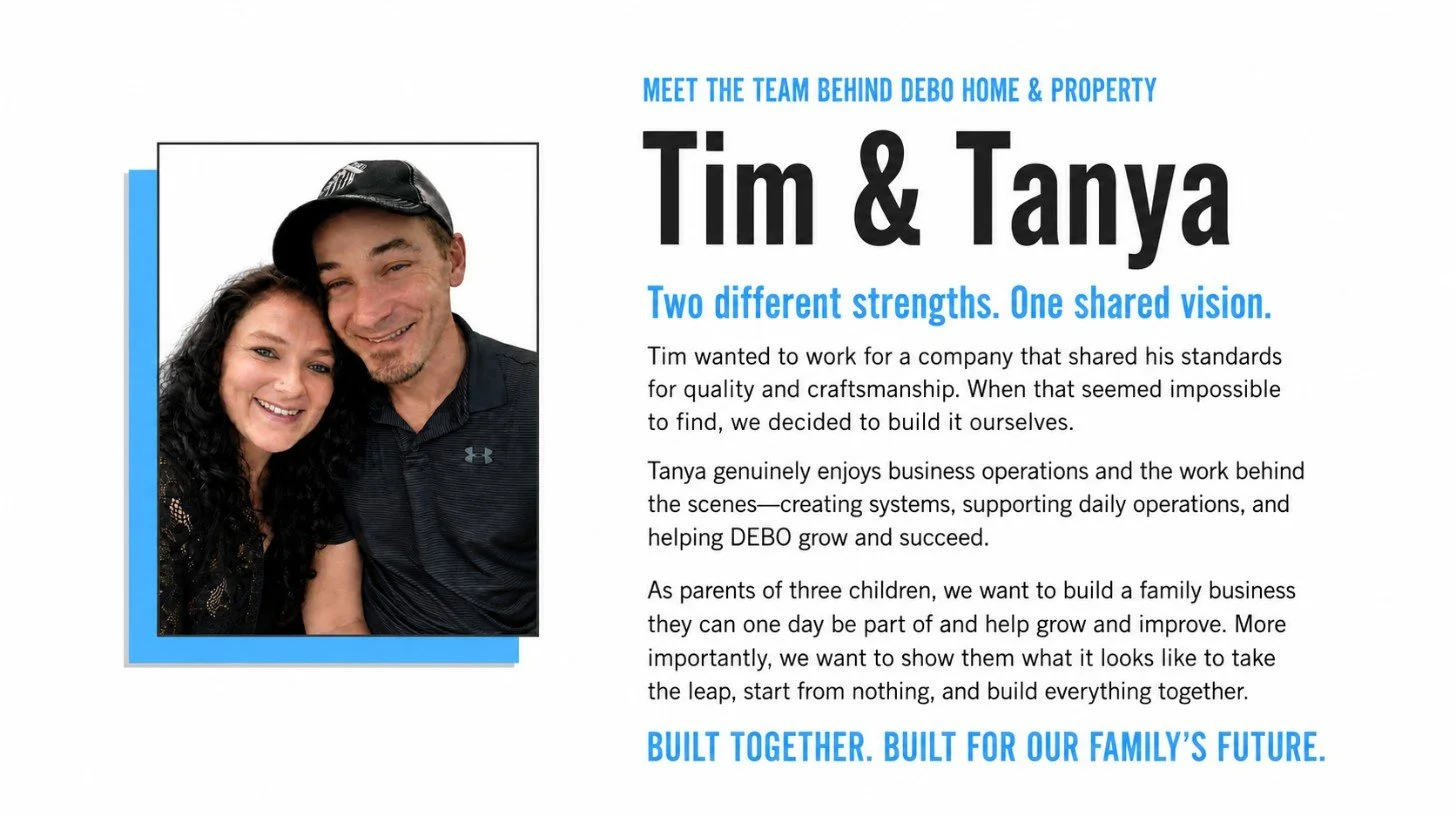 A promotional flyer featuring a photo of a man and a woman smiling and leaning close together. The flyer includes text about Tim and Tanya, their strengths, and their mission to build a family business and support their children.