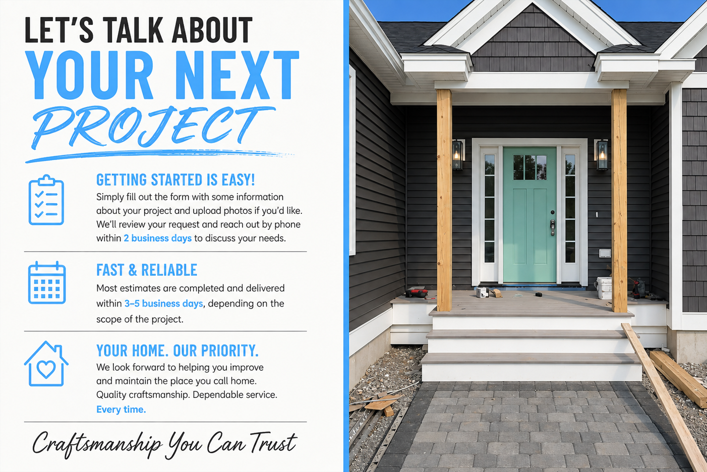 Flyer for a home improvement or construction project service on the left side, with the house entrance under construction on the right side. The flyer features headings about starting a project, quick estimates, and prioritizing the home, with icons depicting a checklist, calendar, and house. The house entry includes a light green door, steps, under-construction porch, and construction tools and materials.