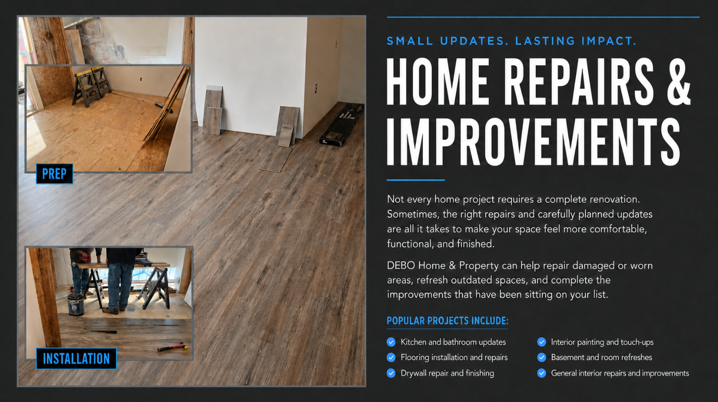 A promotional flyer for home repairs and improvements featuring photos of flooring installation and renovation work, with text about small updates and popular projects like kitchen and bathroom updates, flooring repairs, and interior painting.