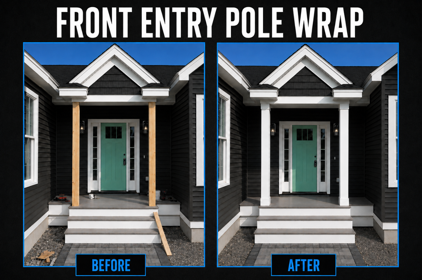 Comparison of front porch construction, showing the before and after stages: before with unpainted wooden posts and construction materials, and after with painted white columns supporting the porch, leading up to a house with dark siding and a green 