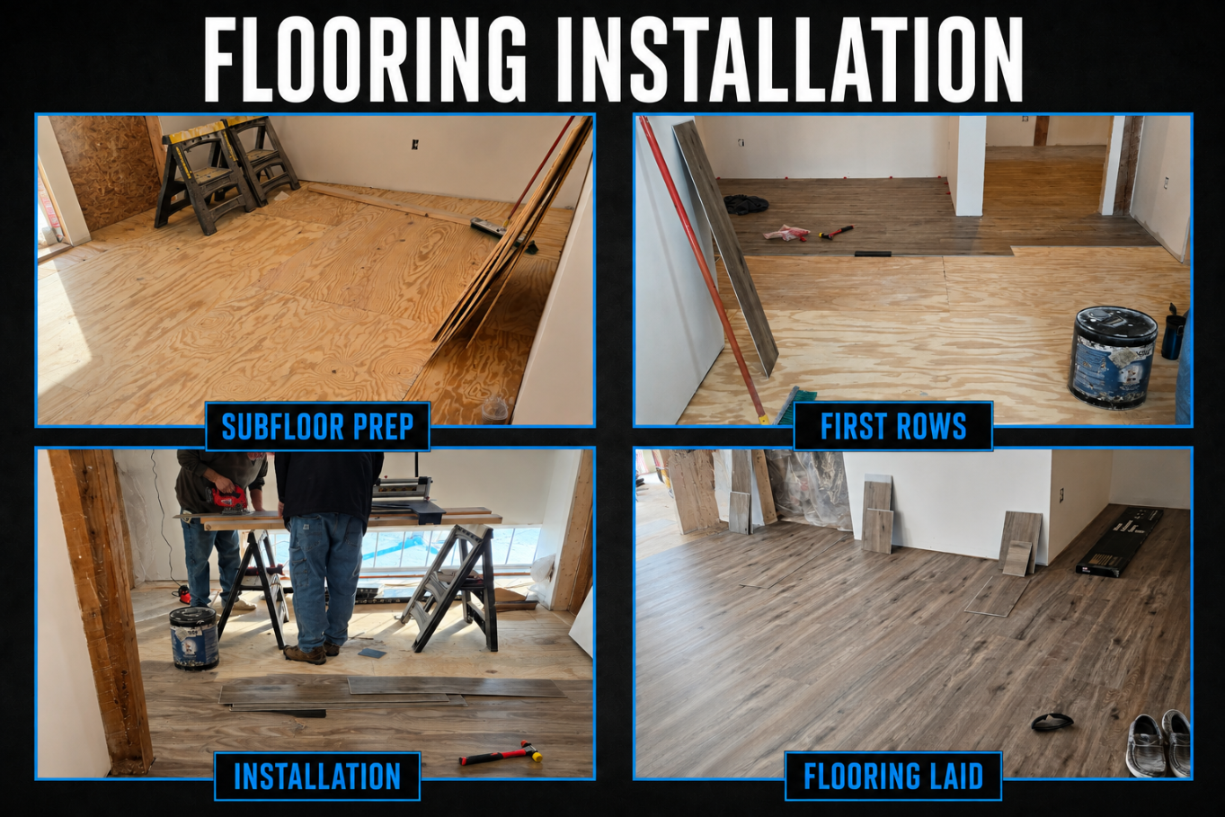 Progress of flooring installation in a home showing subfloor preparation, first rows of flooring laid, ongoing installation, and flooring laid in a room.