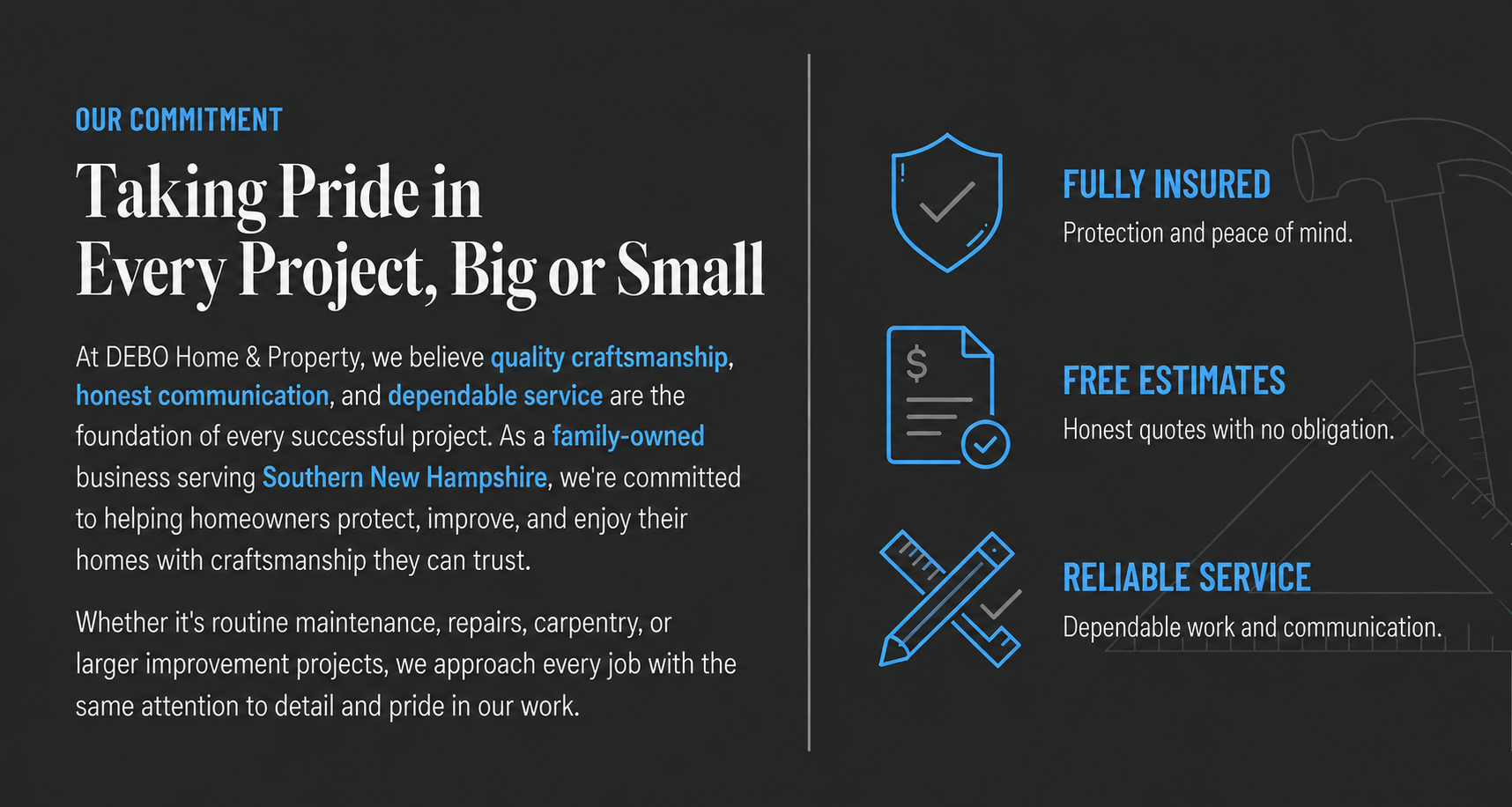A dark digital business card for DEBO Home & Property featuring their commitment to quality craftsmanship, honest communication, and dependable service, with icons representing insurance, free estimates, and reliable service.