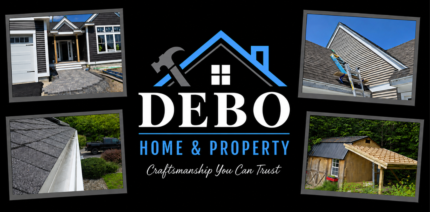A collage of four images showing various home and property renovation projects surrounding a logo for DEBO Home & Property with the tagline "Craftsmanship You Can Trust."