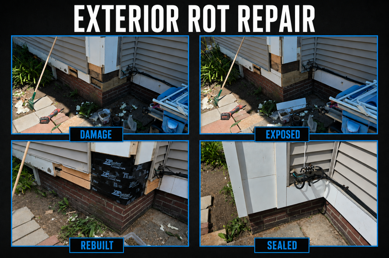 A collage showing the process of exterior rot repair on a house. The top left image labeled "Damage" shows damaged wood and siding. The top right image labeled "Exposed" shows the area with the siding removed, exposing the underlying structure. The b