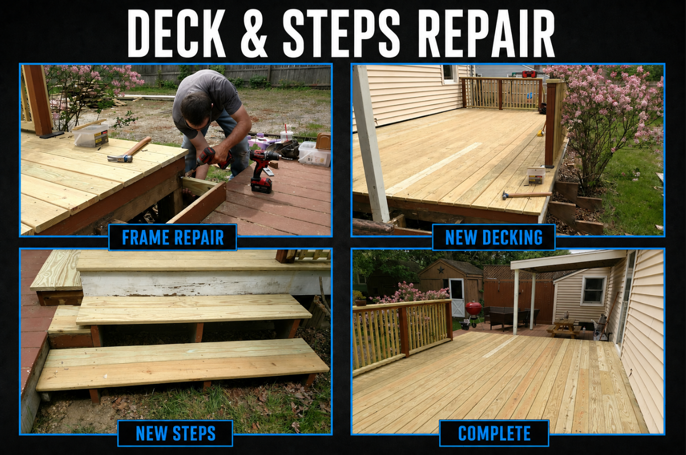 A collage of four photos showing the process of repairing and installing a wooden deck. The first photo shows a man repairing the deck frame with tools. The second photo displays a freshly installed wooden deck attached to a house. The third photo sh