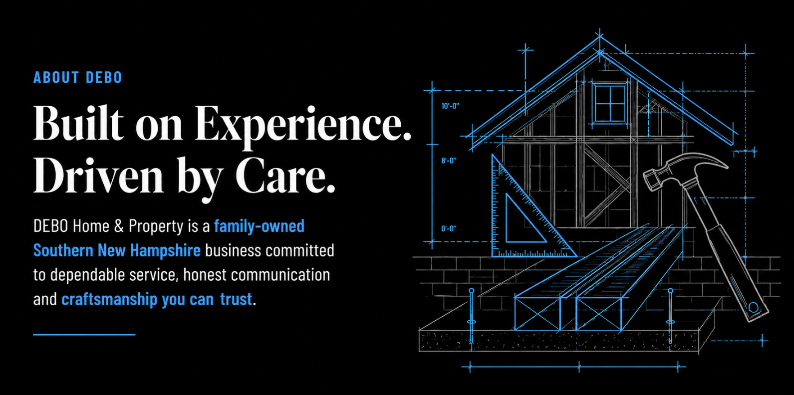 Blueprint of a house with measurement lines and a hammer on a black background, with text about DEBO Home & Property highlighting experience, care, family-owned status, location in Southern New Hampshire, and craftsmanship.