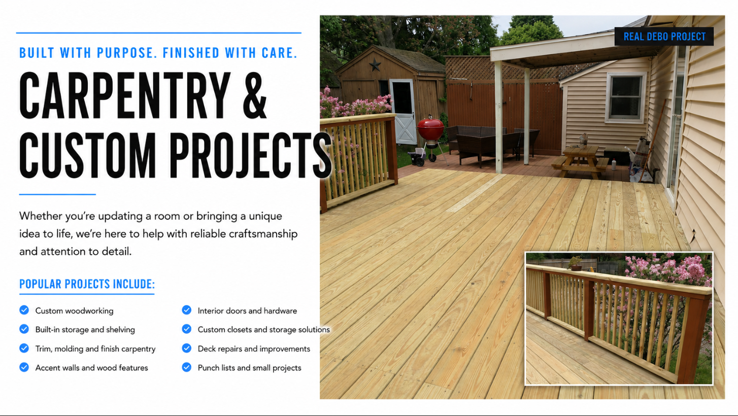 A promotional image for carpentry and custom projects showing a finished wooden deck attached to a house, with exterior siding, a small outdoor table, pink flowering plants, and a backyard shed amid green trees. The image includes a larger view of the deck and a smaller inset image of the deck's railing.