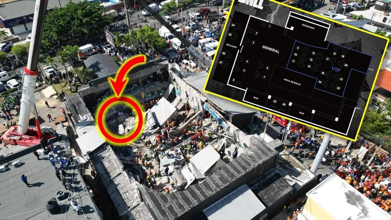 An aerial view of a collapsed building with a crowd of people around the site. A crane is assisting at the scene, and a detailed layout of a theater or event space is overlaid on the image.