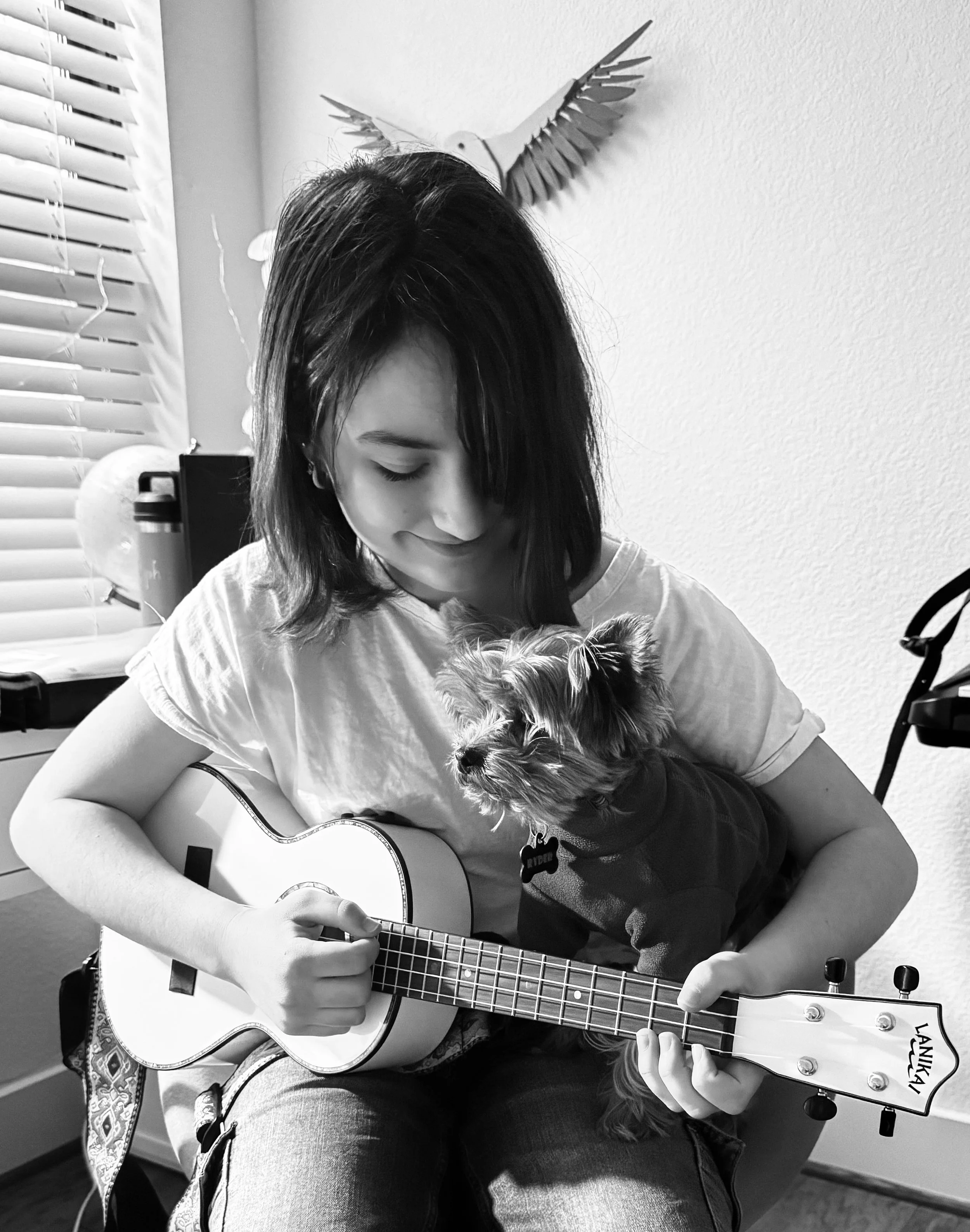 A young woman with shoulder-length dark hair playing an acoustic guitar while a small dog rests on her lap. The woman is looking down at the dog, and the scene is captured in black and white.