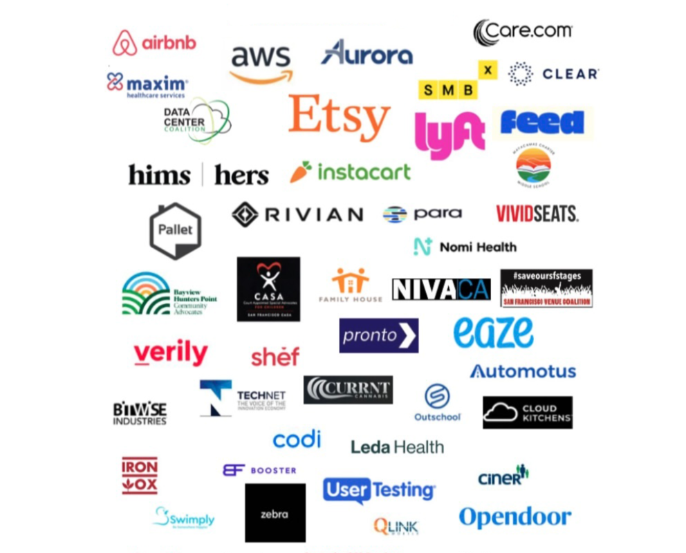 A collage of various company logos including Airbnb, AWS, Aurora, Maxima Healthcare Services, Data Center Coalition, Etsy, SMB, Clear, Lyft, Feed, HIMs, Hers, Instacart, Pallet, Rivian, Para, Vivid Seats, Nomi Health, Bayview Hunters Point AAC, Casa, Family House, Niva, Save Our Stages, Verily, Shef, Pronto, Eaze, Automotus, Outschool, Cloud Kitchens, Biwse Industries, Technet, Current Cannabis, Coder, Leda Health, Iron Ox, Booster, Ciner, Swimpl, Zebra, User Testing, QlQnk, Opendoor.