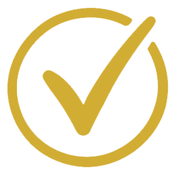Gold checkmark inside a gold circle on a black background.