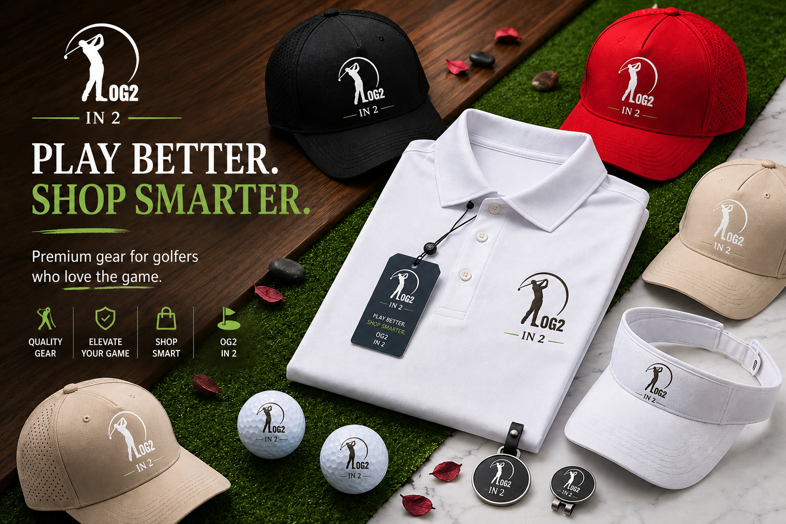Golf accessories including hats, a polo shirt, golf balls, a golf headband, and a tag and badge, all branded with a logo of a golfer swinging a club and the text 'LOG2 IN 2', displayed on a mix of wooden, grass, and marble surfaces.