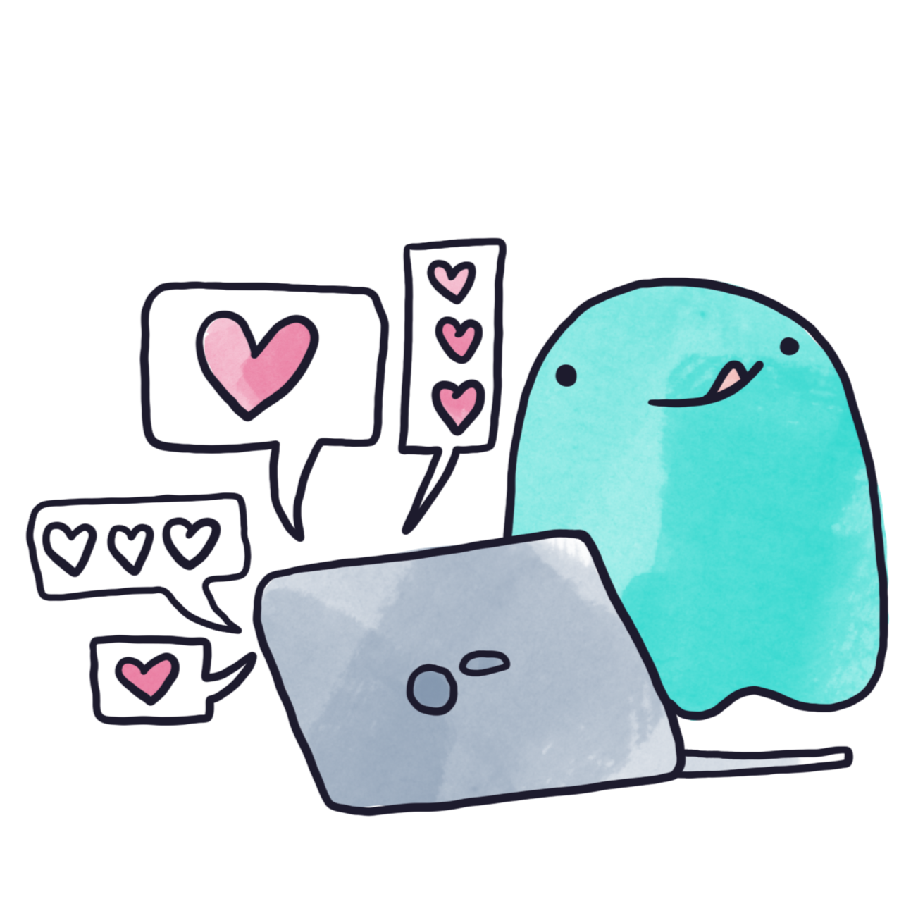 A cute, blue cartoon creature with a smile, sitting in front of a laptop, surrounded by speech bubbles with pink and black hearts, indicating it is chatting or sending love messages online.