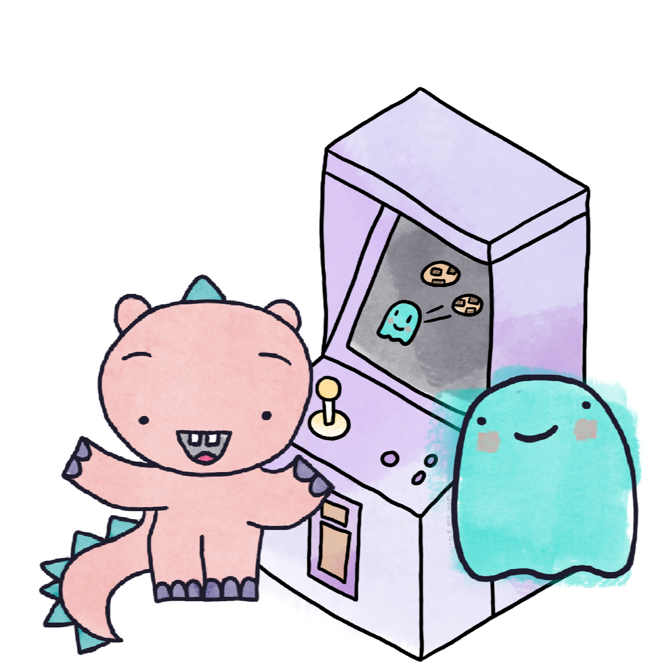 A cute drawing of a pink dinosaur and a blue slime playing arcade claw machine.