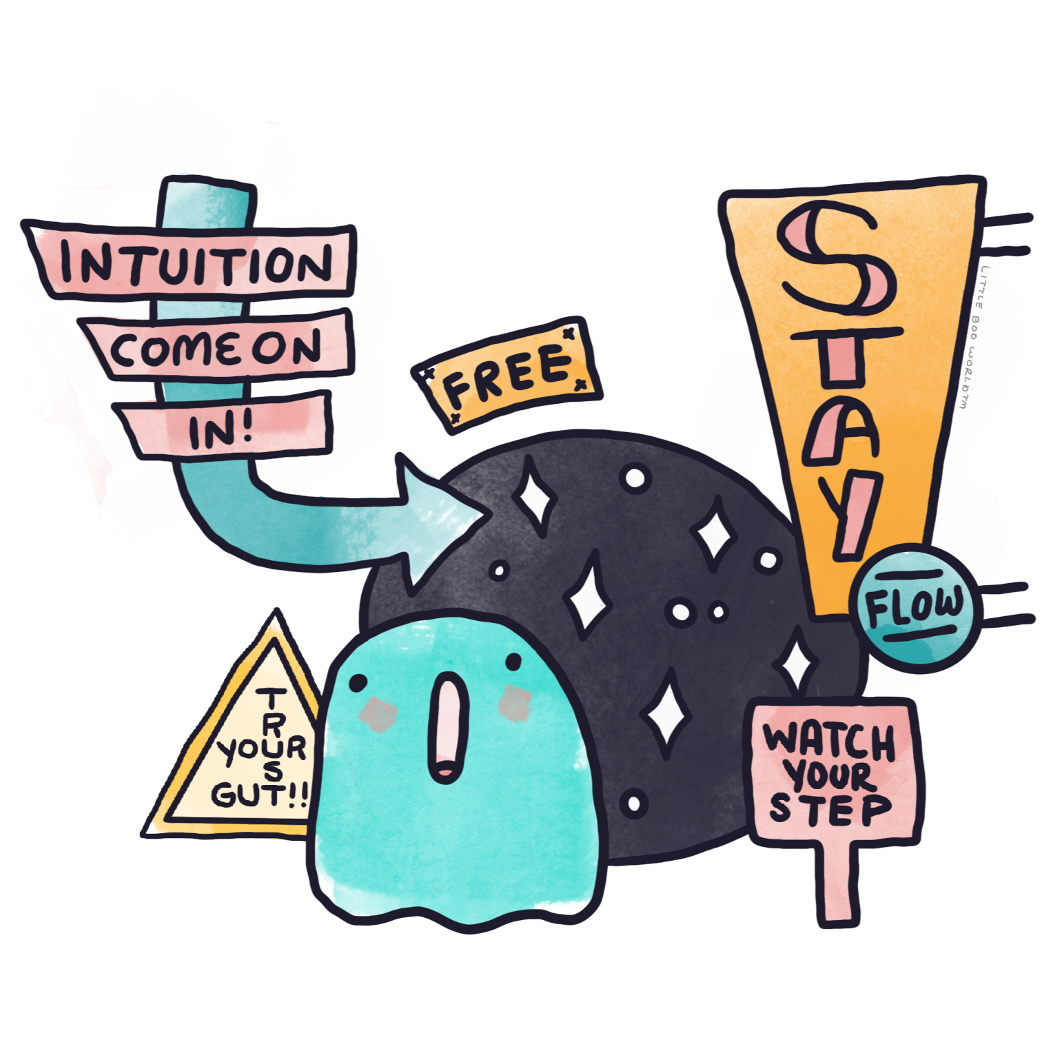 Colorful doodle illustration featuring a blue alien with the phrase "Trust Your Gut!!" and various signs with messages such as "FREE," "Watch Your Step," and "Come On In!"