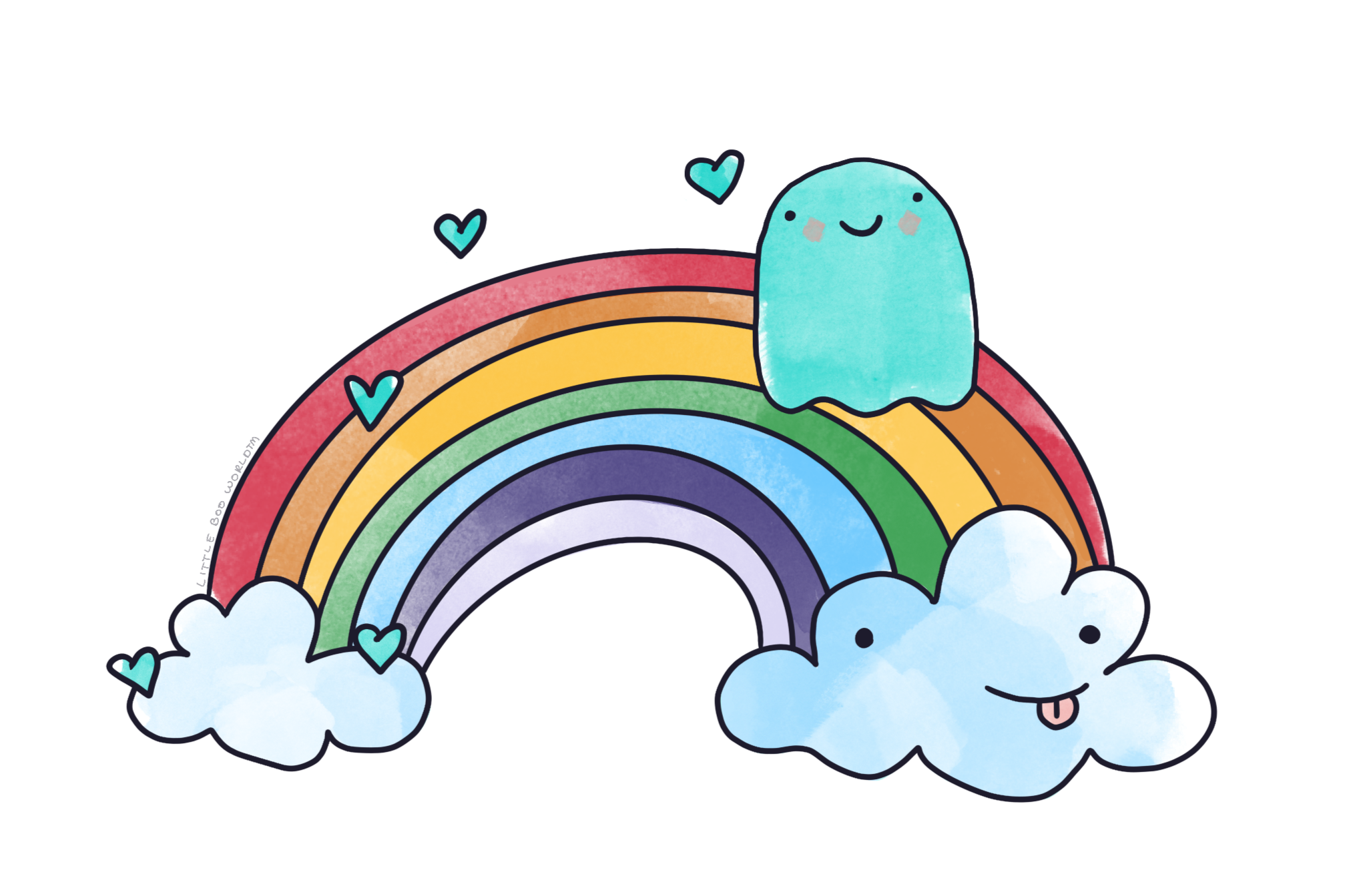 Cute cartoon rainbow with clouds and smiling blue creature with a small tongue sticking out, surrounded by small hearts.