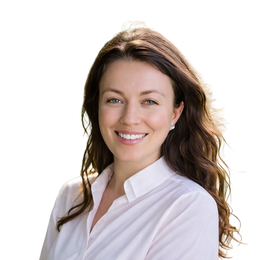 A woman with long wavy brown hair smiling, wearing a white shirt, against a plain background.
