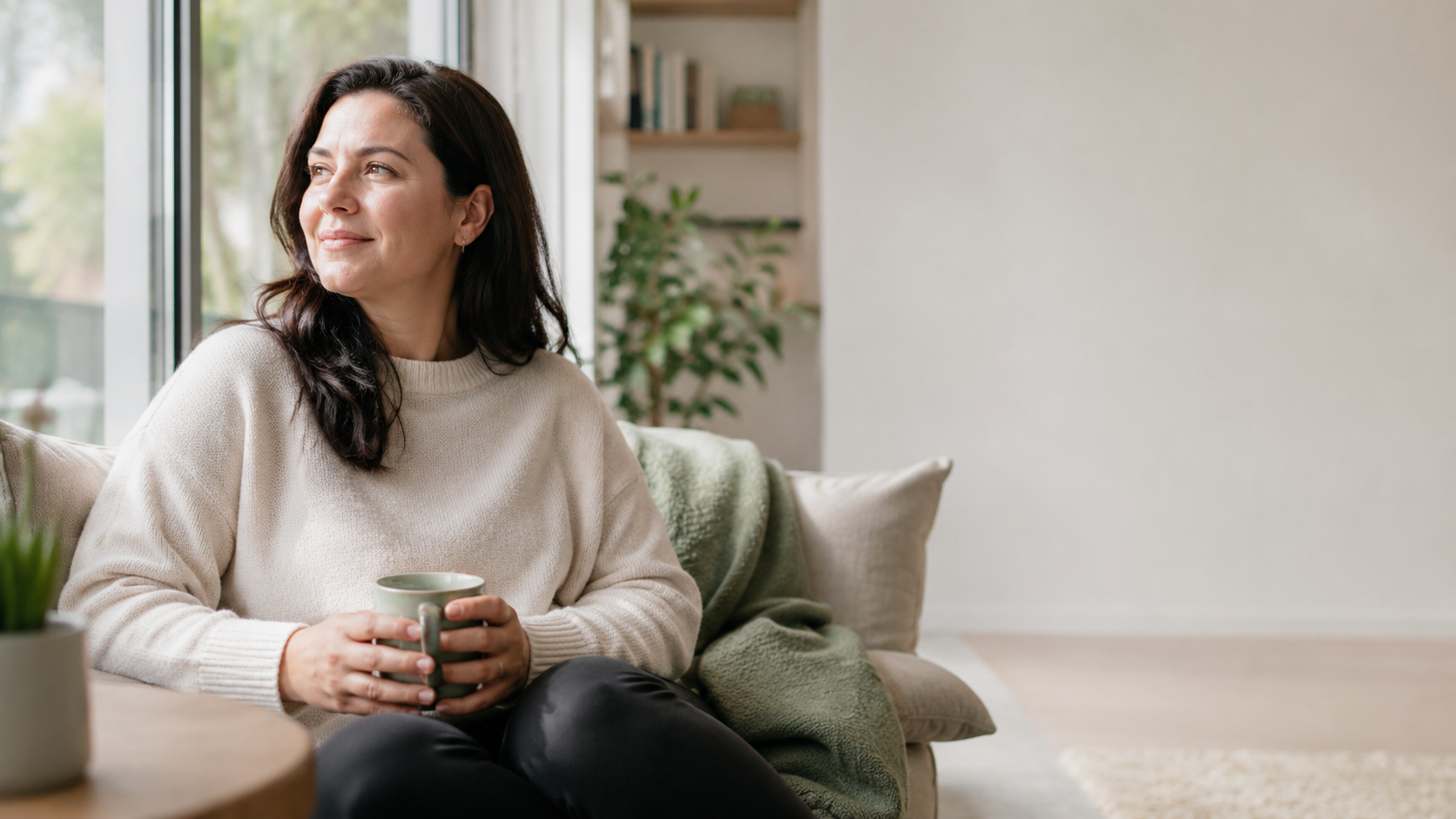 A woman sitting on a beige sofa holding a green mug, looking out the window in a bright living room with white walls and a bookshelf.