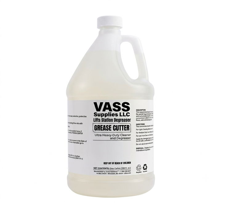 A large white plastic bottle labeled VASS Supplies LLC Grease Cutter, a heavy-duty cleaner and degreaser, with a handle and screw cap.