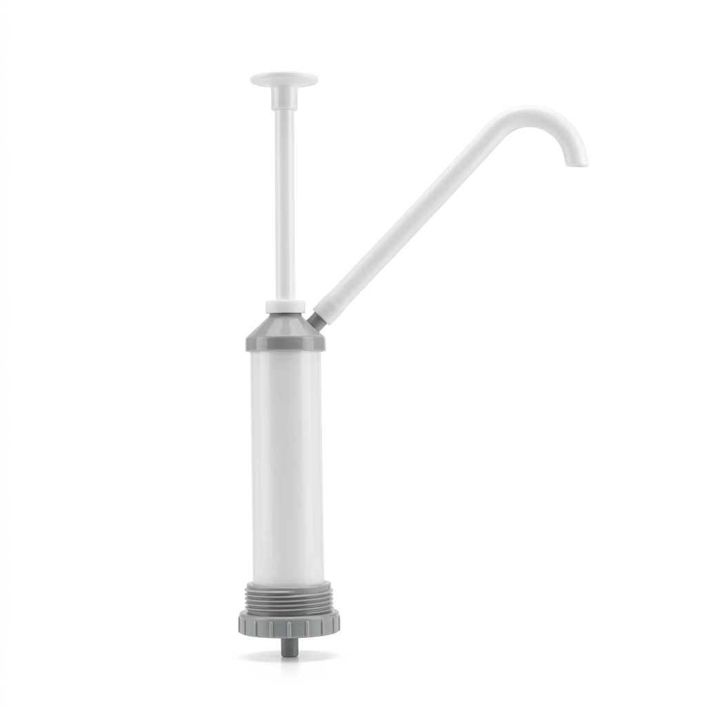 A white hand pump with a long spout, used for dispensing liquids, mounted on a white background.