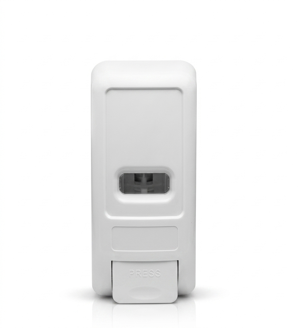 A white hand sanitizer dispenser with a transparent window in the center and a push button labeled 'PRESS' at the bottom.