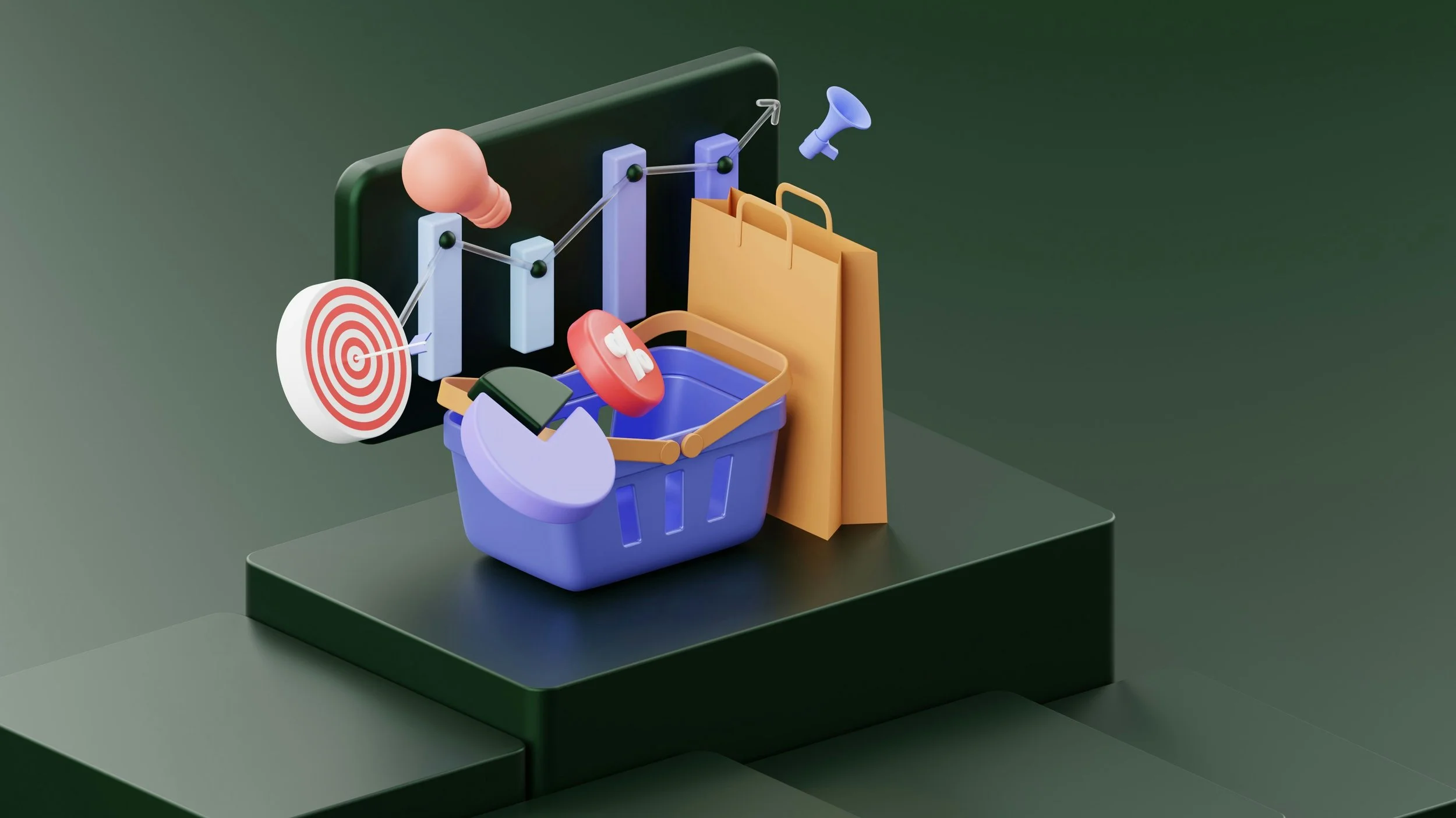 Digital illustration of shopping items including a target, shopping basket, shopping bag, smartphone, light bulb, target arrow, and a megaphone, with a tablet in the background.