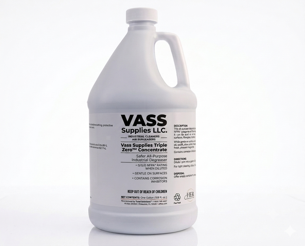 A white container of VASS Supplies Triple Zero Concentrate industrial cleaner with black label and handle, set against a plain white background.