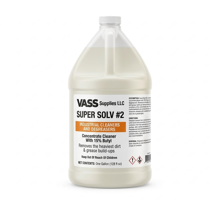 A gallon-sized white plastic container of industrial cleaner labeled VASS SUPPLIES LLC SUPER SOLV #2. It is described as a concentrate cleaner with 15% butyl, used to remove dirt and grease build-up, with safety warnings on the label.
