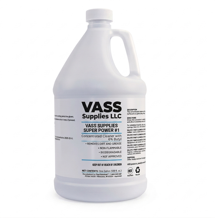 White bottle of concentrated cleaner labeled 'VASS Supplies Super Power #1' with instructions and features listed.