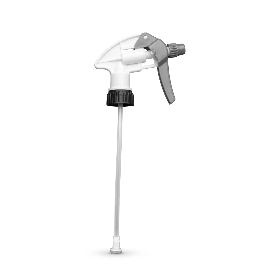 A plastic spray bottle trigger nozzle with a long tube adapter.