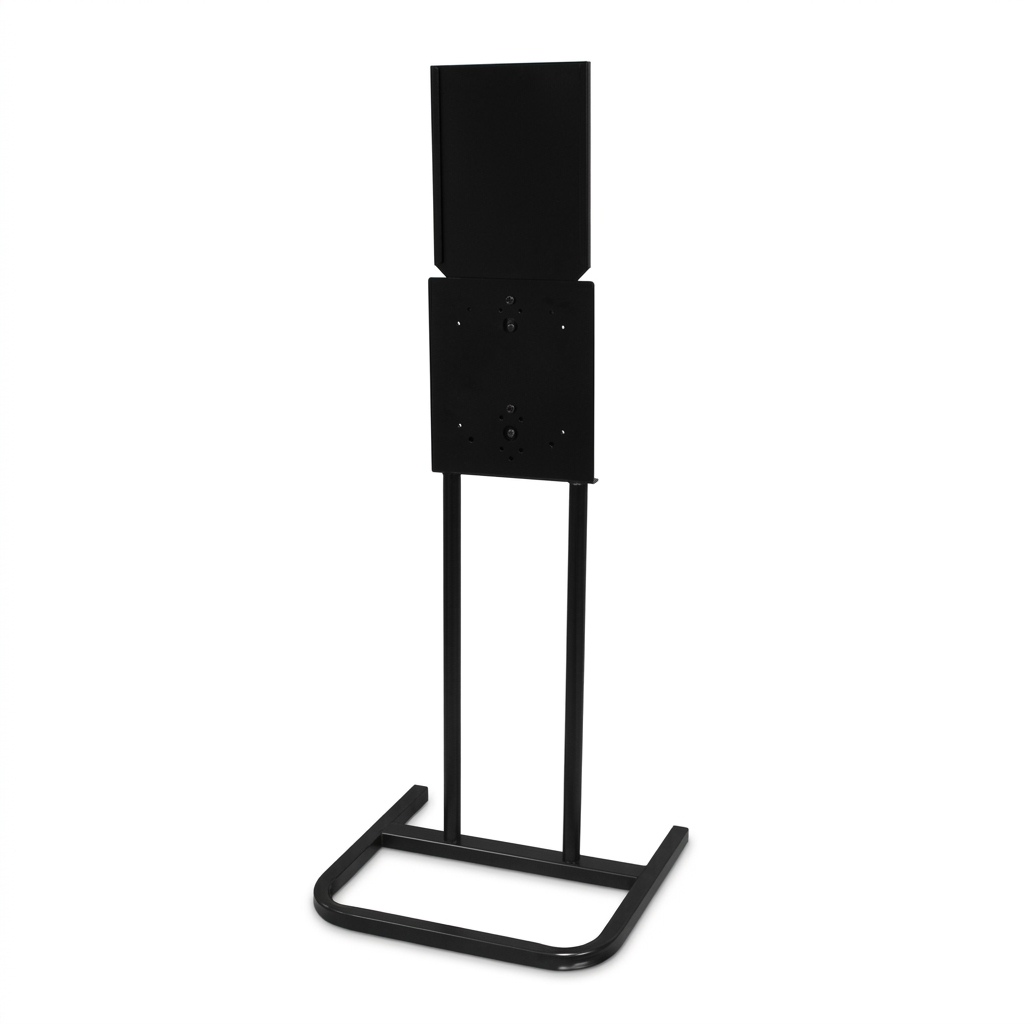 A black speaker mounted on a stand with a U-shaped base.