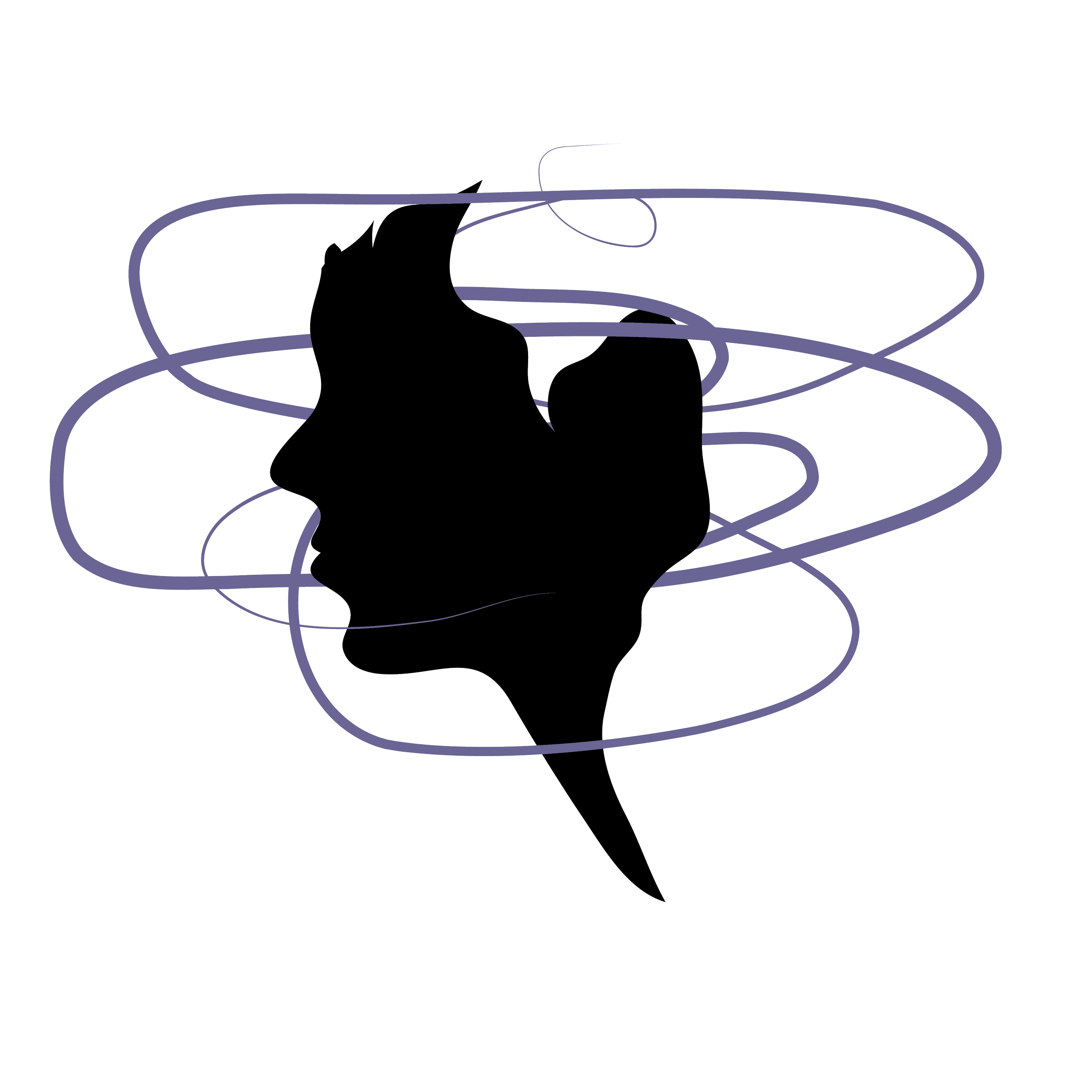 Silhouette of a face surrounded by swirling purple lines.