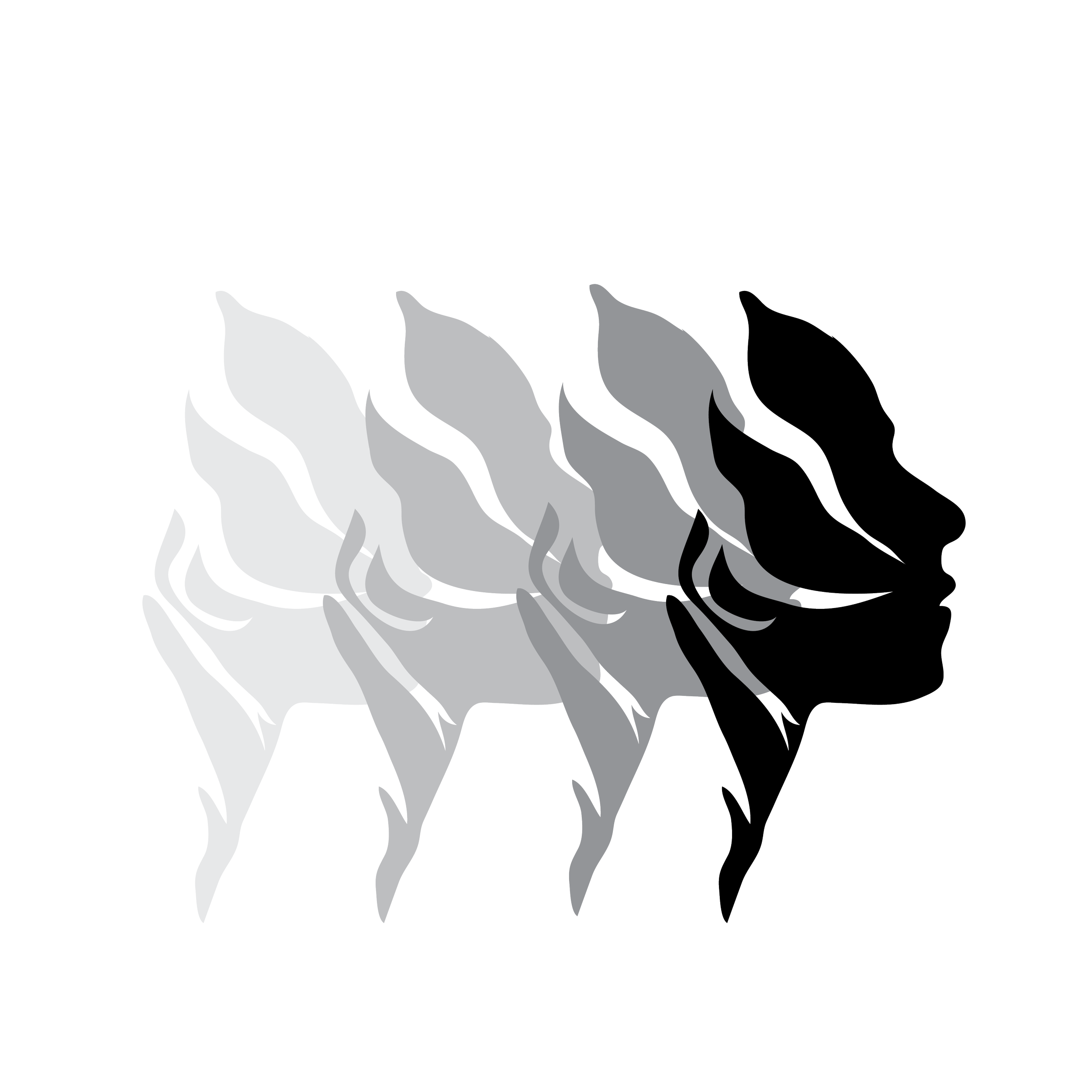 Silhouette of a four faces in varying shades of grey with a feeling of movement.
