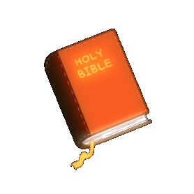 small image of orange book with a brown spine, with "Holy Bible" on the cover. Small glowing sparkles appear and disappear as a yellow tassel flows from its bottom.