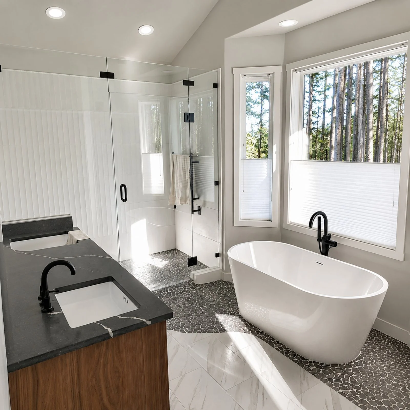 Modern bathroom with freestanding bathtub, glass-enclosed shower, large windows with view of trees, and black fixtures.