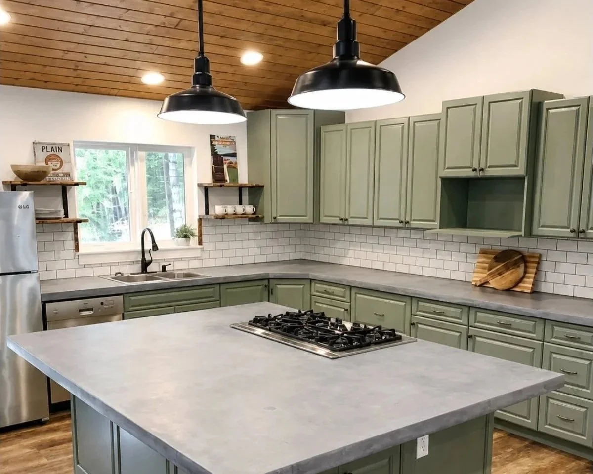 Modern kitchen with green cabinets, white subway tile backsplash, gray countertops, wooden ceiling, and black pendant lights.