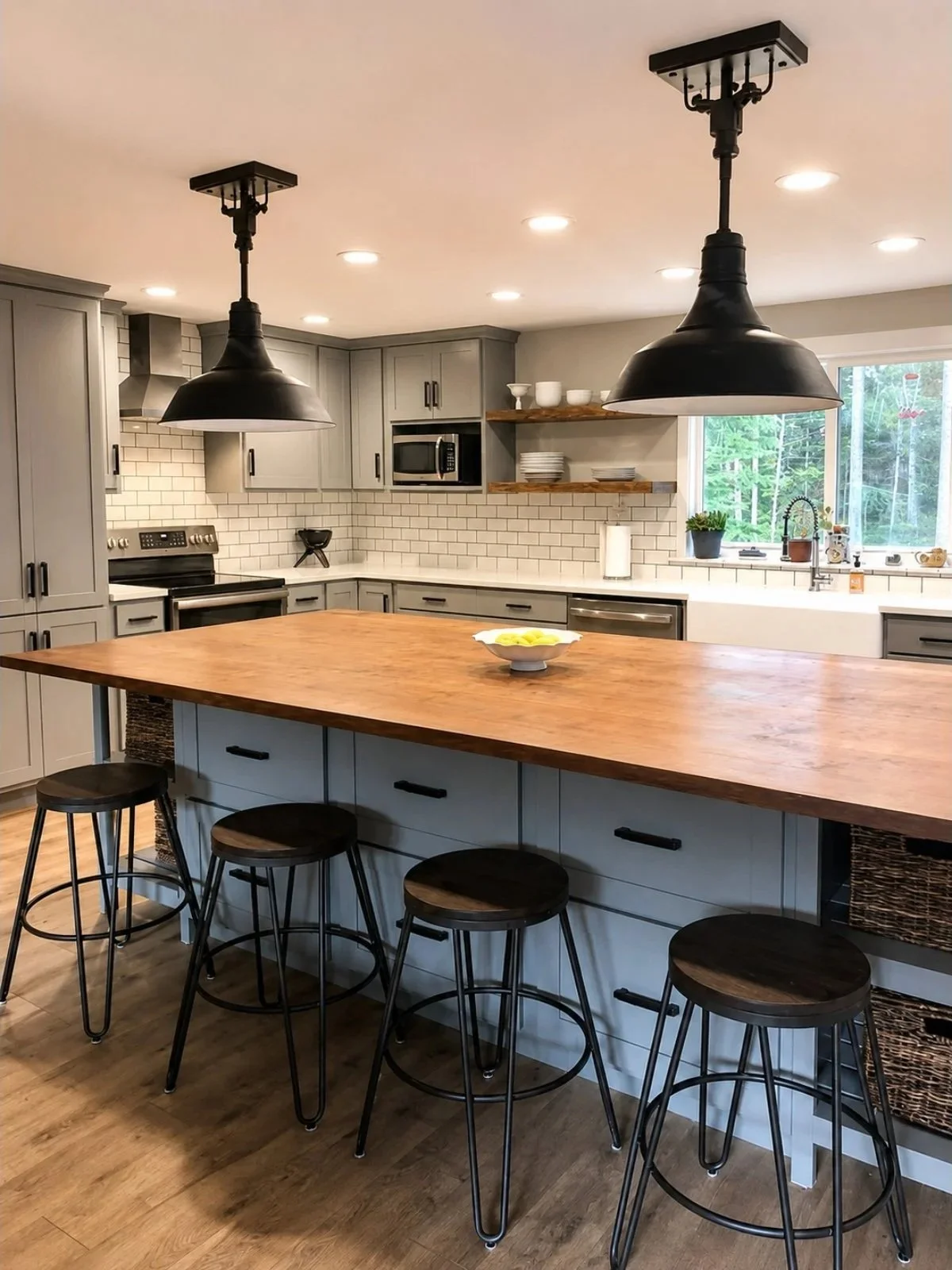 Modern kitchen with gray cabinets, white subway tile backsplash, and a large wooden island with black bar stools. Two black pendant lights hang over the island. There are kitchen appliances including a stove, microwave, and dishwasher, with open wood