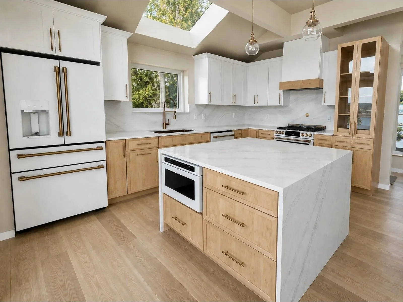 Modern kitchen with white and light wood cabinets, a large kitchen island, a gas stove, a built-in oven, a white refrigerator with gold handles, and pendant lights hanging from the ceiling.