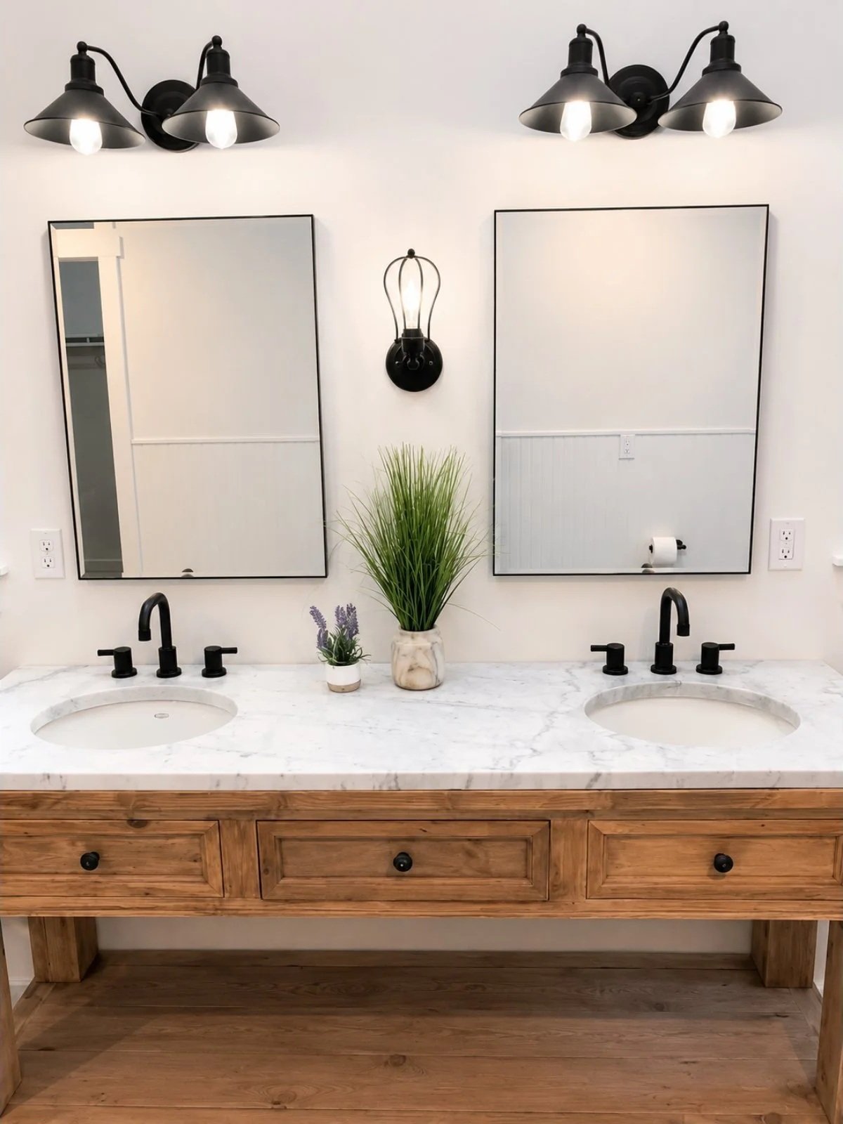 Double bathroom vanity with marble countertop, two oval sinks, black fixtures, two rectangular mirrors, black light fixtures, a black wall sconce in the center, a potted plant, a small lavender plant, and a wood cabinet.