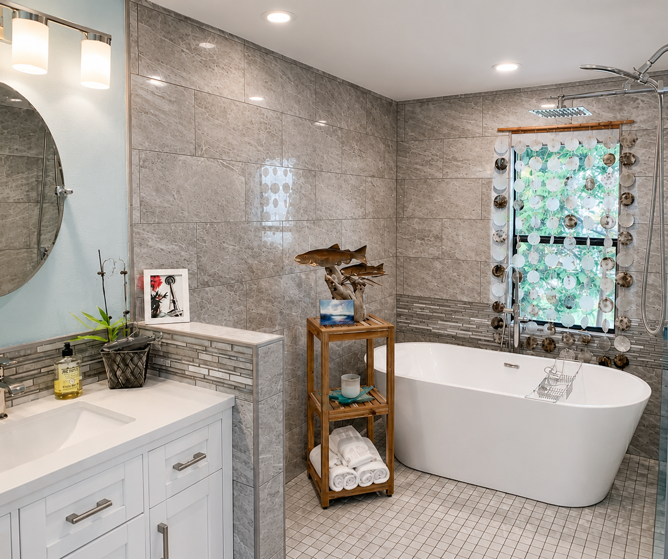 A modern bathroom with a white freestanding bathtub, a small wooden shelf with rolled towels, a mirror, and a bathroom vanity with a plant and soap. The wall is tiled with gray stone tiles, and there is a window decorated with a circular shell curtai