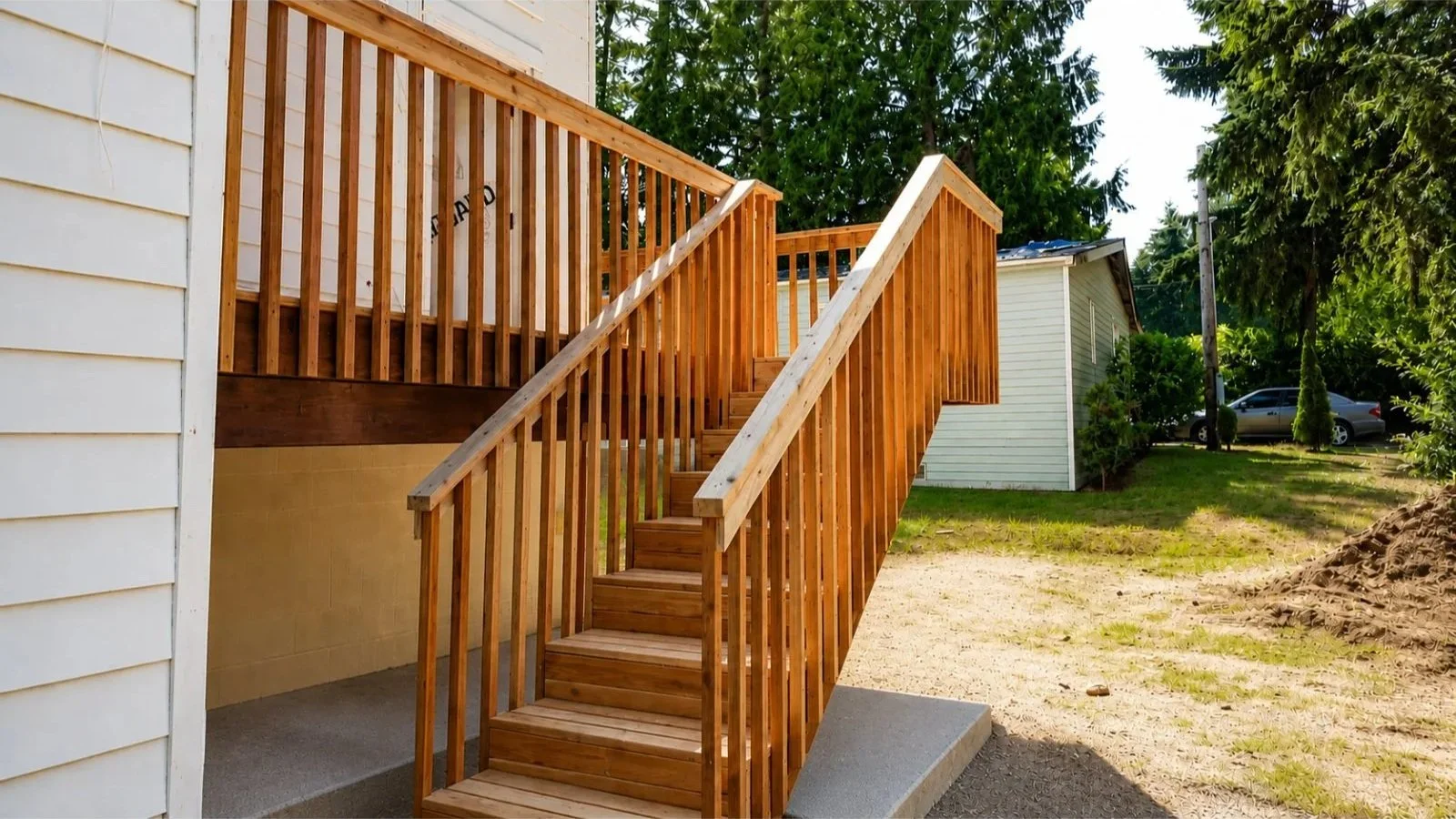 Wooden staircase and deck under construction outside a house with white siding, next to a grassy yard with trees and a parked car in the background.